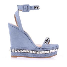Plataforma Salto Alto Camurça Denim/Pirâmide Metal