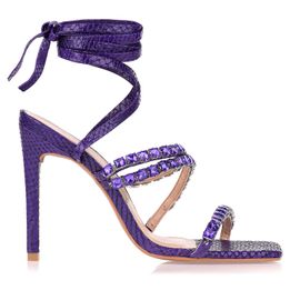 Sandália Salto Alto Square Strass Lace Up