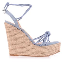 Plataforma Salto Alto Cordão Denim